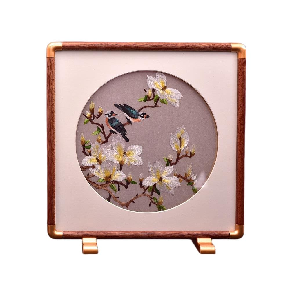 Handmade Su Embroidery Magnolia & Birds Double‑Sided Silk Table Screen